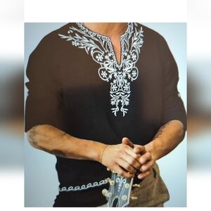 Black With White Embroidered Long Sleeve Men's Shirt XXL